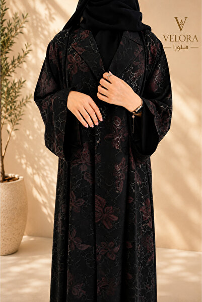 VELORA Black Blazer Abaya with Luxurious Burgundy Details and High-End Loose Cut