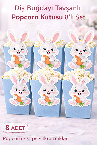 Parti Konsepti Diş Buğdayı Tavşanlı Popcorn Kutusu 8’li Set Renk Seçenekli İk...