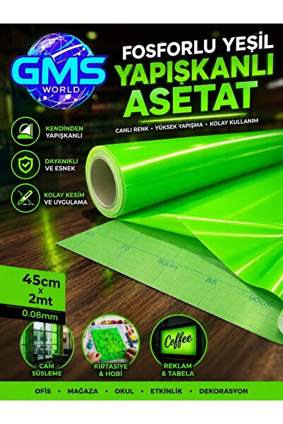 GMS WORLD FOSFORLU YEŞİL TEMALI YAPIŞKANLI RULO ASETAT / ÖLÇÜLERİ 45cm X 2m X...