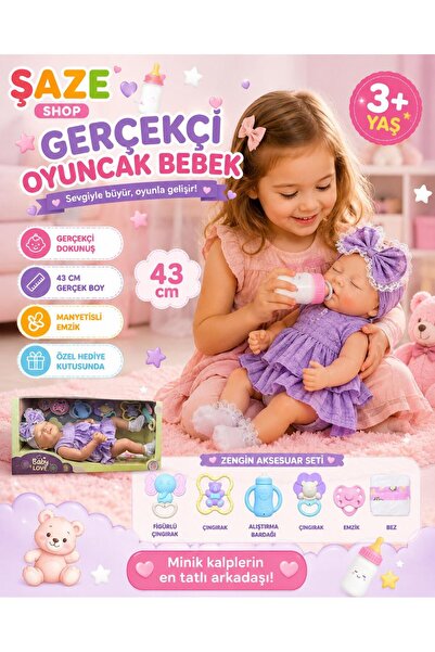 SAZE Gerçekçi Oyuncak Bebek 43 CM Manyetik Emzikli Yumuşak Dokulu Uyku Arkada...