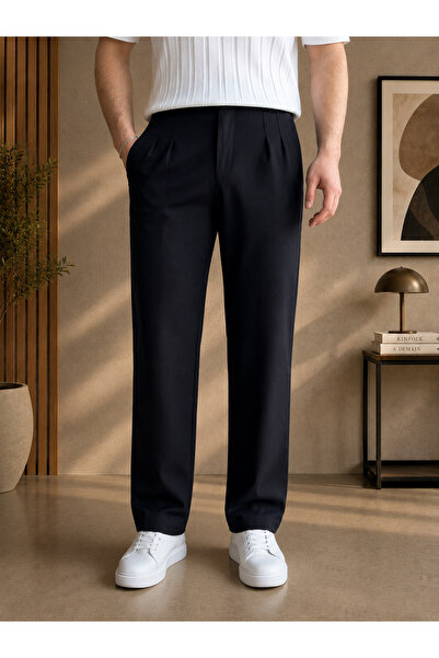Montivo Men's Black Pleated Detail Comfortable Fit Premium Series Linen Trousers