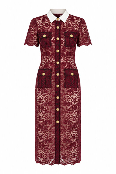 HAZELANNA Rochie burgundy cu nasturi aurii și dantelă
