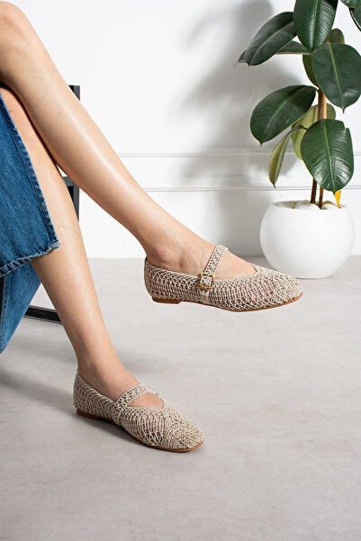 pasyone Beige Knitted Women's Ballerina Shoes Casual Summer Buckle Mesh Balle...