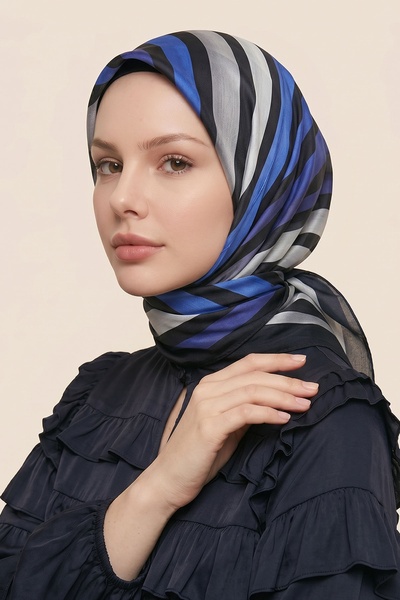 InStyle وشاح من القطن الناعم باللون الأزرق من ساكس بنمط شريط الظل