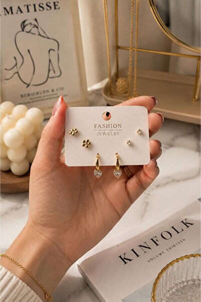 era jewelry Altın Kaplama 6'lı Kalp Ve Çiçek Figürlü Kararmaz Çelik Kadın Küpe