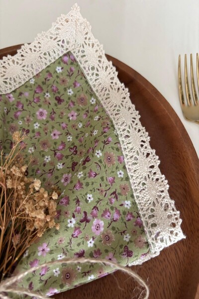 zarafet concept Yeşil Çıtır Bahar Çiçekli Vintage Dantel Detaylı 6 Adet Kumaş...