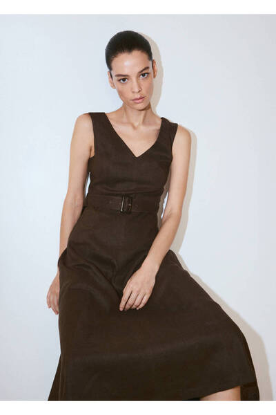 MANGO Woman Kemerli keten midi elbise