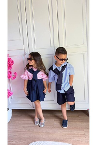 Leni Kids Collar Detailed Blue and White Striped Shirt and Muslin Fabric Lace...