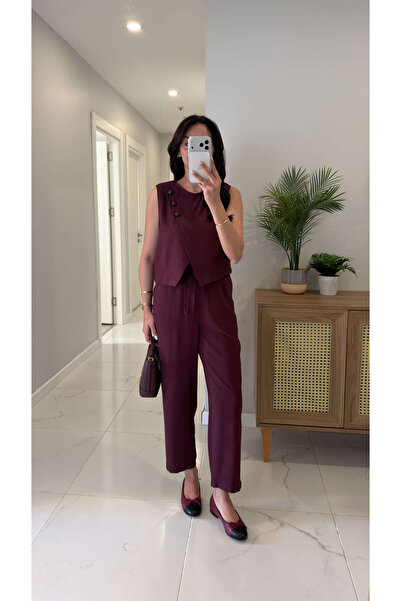 BİRCANÇİL Wensla Bordo Düğme Detaylı Yelek Pantolon Takım