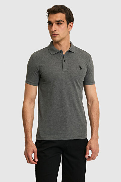 U.S. Polo Assn. Ανδρικό μπλουζάκι με λεπτή εφαρμογή, γιακά πόλο, ανθρακί μελα...