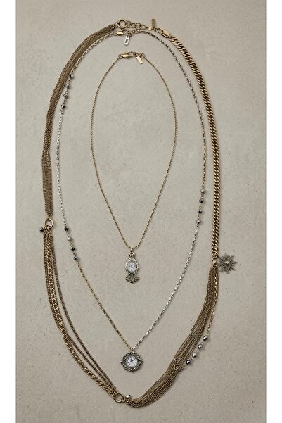 Luvia Accesories Gold Vintage Saat Ve Güneş Detaylı Çoklu Kombin Kolye