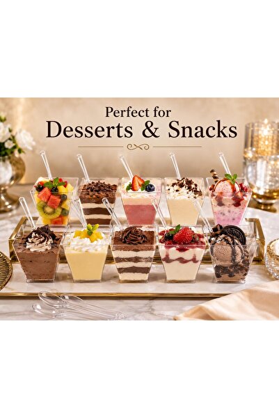 Sunny Your Bright choice Sunny Premium Dessert Cups with Mini Spoons – 10 Cups + 10 Spoons, Reusable & Recyclable Square Plastic