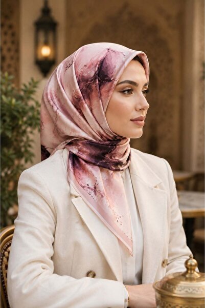 Vissona %100 Twill İpek Çiçekli Sulu Boya Dalga Desenli Pudra - Gül Kurusu Re...