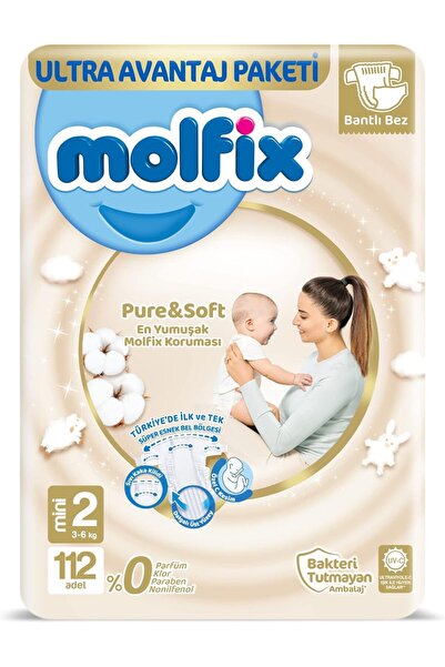 Yıldızan zkra shop Molfix Bebek Bezi Pure&Soft Mini 2 Beden Aylık Paket 112 A...