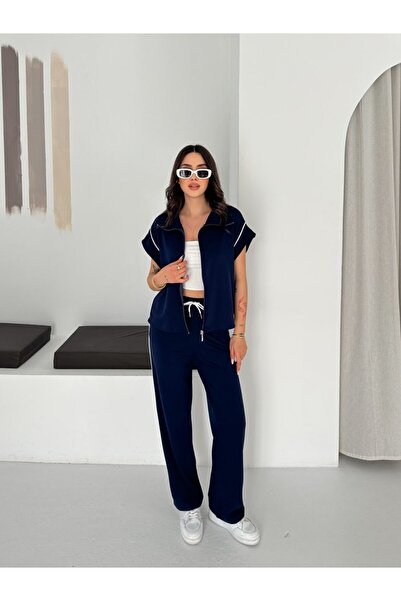 TheyYou Women's Stripe Detailed Vest Suit with Zipper, Loose Cut, Wide Leg Pa...