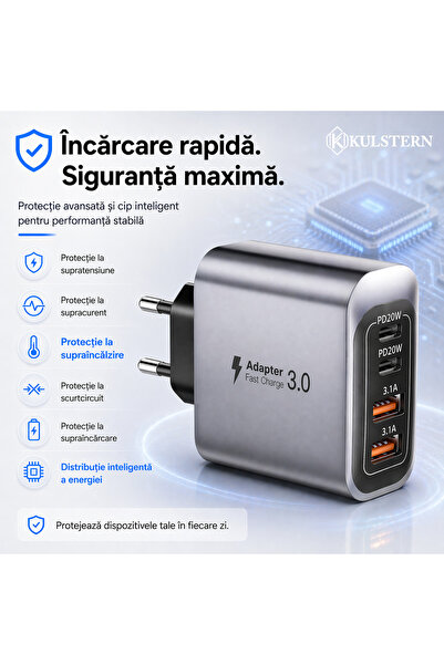 Kulstern Încărcător Rapid 55W Multiport, 4 Porturi 2x USB-C PD 20W + 2x USB-A 3.1A, Cablu USB-C 1m Inclus, pentru iPhone, Samsung, Xiaomi, iPad, AirPods, Kulstern™