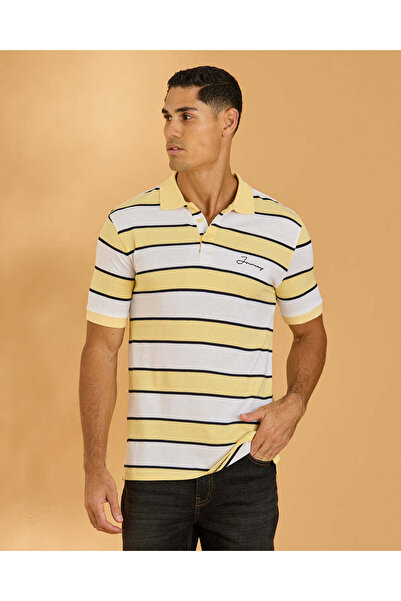 REDTAG Men White and Yellow And Striped Polo Shirt