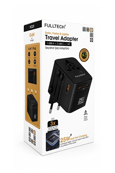 Fulltech FC21 25W GaN Evrensel Uluslararası Seyahat Şarj Adaptörü Priz Dönüşt...
