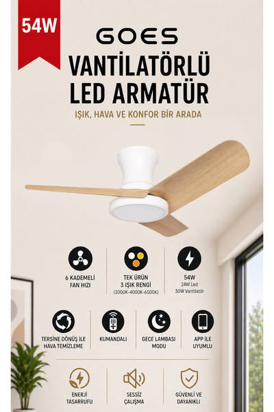 Goes LED Işıklı Tavan Vantilatörü Avize Armatür 80CM 54W 6 Hız Kademeli Kuman...