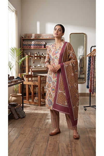 THUGFIT Women's Premium Floral Print V-Neck Kurta Set with Geometric Border D...