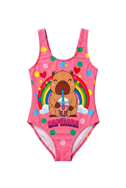 Gadget Gear Kız Çocuk Pembe Capybara ve Gökkuşağı Baskılı Tek Parça Mayo