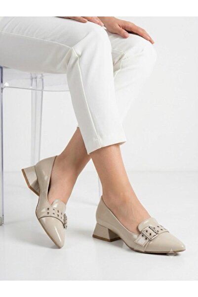 Lütfi Women's Cream Thick Heel Comfortable Fit Heeled Ballerina Shoes