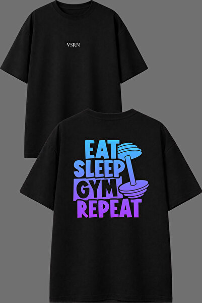 VSRN Eat Sleep Gym Design Front and Back Printed Black Oversize t Shirt