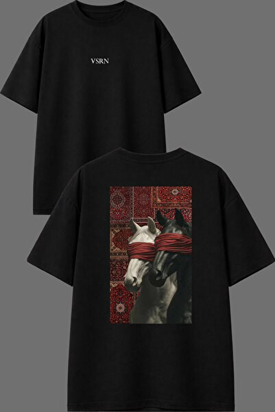 VSRN Tricou oversize negru cu imprimeu Horse Carpet Design, cu ochii legați, ...