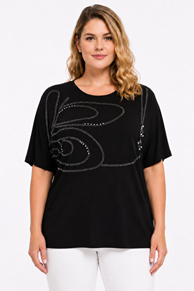Şans Women's Plus Size Black, Stone Detailed Bat Sleeve Blouse 65N39526