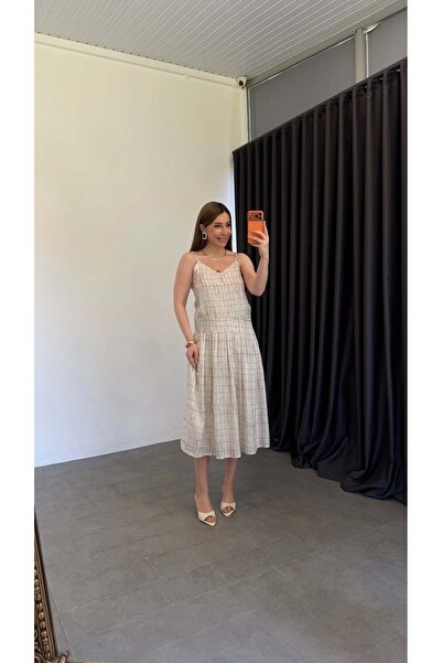 elif teke Checkered A-Line Midi Dress Cream