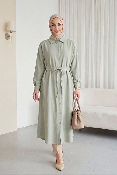 Modamorfo Buttoned Front Shirt Collar, Tieable Waist, Long Modal Tunic - Green
