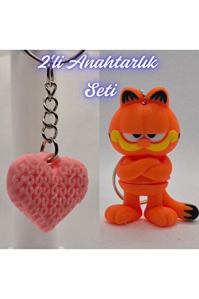 3DAtölyeMaker Light Pink Knitted Patterned Heart and Blue Garfield Keychain