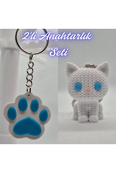 3DAtölyeMaker Light Blue Cat Paw and White Knitted Pattern Cat Keychain