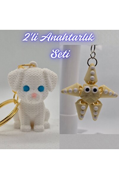 3DAtölyeMaker White Knitted Pattern Dog-2 and Light Yellow Moving Starfish Ke...