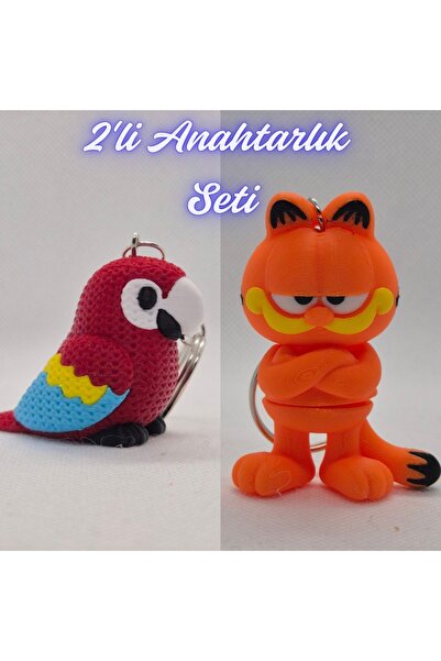 3DAtölyeMaker Fire Engine Red Knitted Pattern Parrot and Blue Garfield Keychain