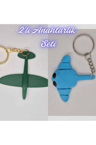 3DAtölyeMaker Dark Green Airplane and Light Blue Flexible Stingray Keychain