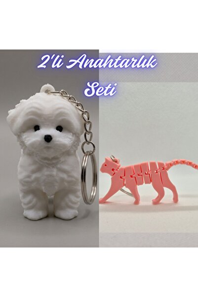 3DAtölyeMaker White Maltese Terrier and Light Pink Flexible Cat Keychain