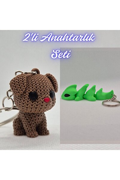 3DAtölyeMaker Dark Brown Knitted Patterned Dog and Green Flexible Dragon Keyc...