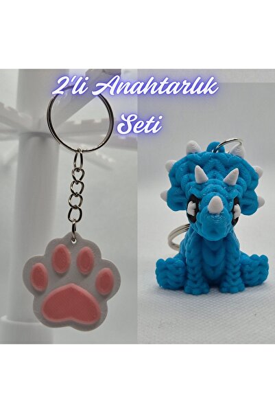 3DAtölyeMaker Light Pink Cat Paw and Light Blue Knitted Pattern Triceratops K...