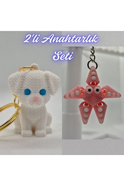 3DAtölyeMaker White Knitted Pattern Dog-2 and Pink Moving Starfish Keychain