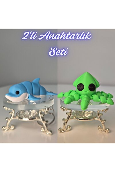 3DAtölyeMaker Light Blue Flexible Colorful Dolphin and Light Green Squid Keyc...