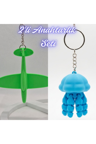3DAtölyeMaker Green Airplane and Light Blue Moving Jellyfish Keychain