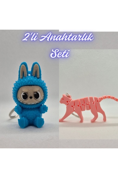 3DAtölyeMaker Light Blue Labubu and Light Pink Flexible Cat Keychain