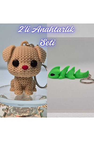 3DAtölyeMaker Cream Knitted Patterned Dog and Green Flexible Dragon Keychain