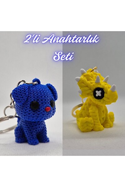 3DAtölyeMaker Blue Knitted Patterned Dog and Yellow Knitted Pattern Tricerato...
