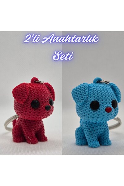 3DAtölyeMaker Fire Engine Red Knitted Patterned Dog and Light Blue Knitted Pa...