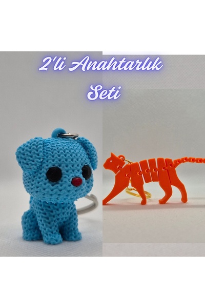 3DAtölyeMaker Light Blue Knitted Patterned Dog and Orange Flexible Cat Keychain
