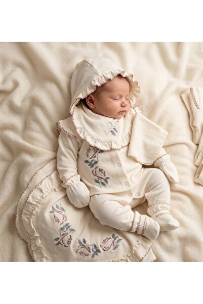 Eda Baby Gül Nakışlı Pamuklu Fırfırlı Krem Yeni Doğan Bebek Hastane Çıkışı Se...