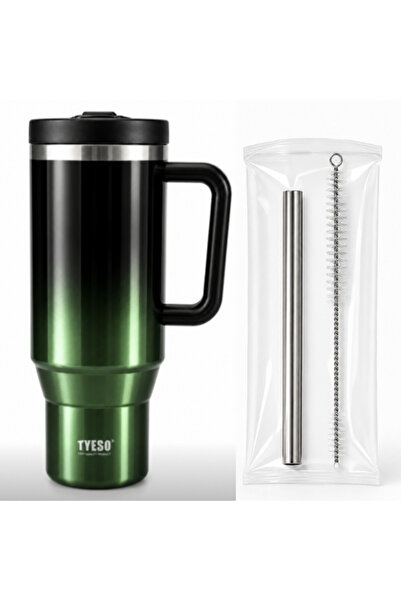 Tyeso Cana termos inox cu maner, izolare dubla, Capac cu pai - 1.2 L