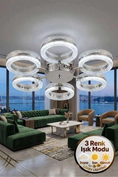 Lüxev Lighting Mozaik Model Gümüş 6"lı Ledli 3 Renk Modu Kristal Salon Mutfak...
